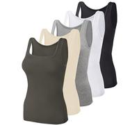 BQTQ 5 Pack Women's Tank Tops Square Neck Sleeveless Ladies Tank Top Undershirts, Black, White, Gray, Ivory, Tea Leaf, M