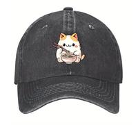 BQWRUUYM Ramen Cat Anime Kawaii Vintage Washed Denim Baseball Cap with Cute Cat Eating Ramen Design, Durable Comfort