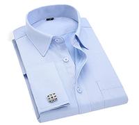 Bqxxdeo Men French Cuff Dress Shirt Long Sleeve Buttons Shirts Regular Fit Cufflinks Included FS08 Blue Twill 6XL
