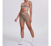 (Bra and shorts set-cocoa brown, L) Double-sided brushed contrasting color tight-fitting breathable cross yoga clothing set sports running fitness two-piece set