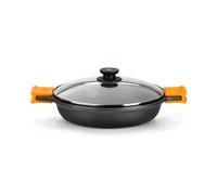 BRA Efficient Cast Aluminium Low Casserole Dish with Lid - Black & Orange (2.3L). Casserole Shallow Small Casserole Dish with Lid. 100% Recycled Aluminium Shallow Casserole Pan with Lid.
