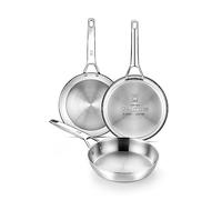 Bra Signature Stainless Steel Frying Pan Set of 3 Pans 20-24-26cm. Suitable for All Hobs and as Induction Hob Frying Pan. Fully Stainless Steel with Glass Lid. Non Toxic Cookware