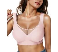 Brabalas Comfort Wireless Bras for Women V Neck Mesh Push Up Bra Full Coverage Supportive Bralettes Seamless Bra No Underwire, Pink, 40DD
