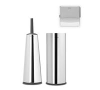 Brabantia 3 Piece Toilet Accessory Set (Brilliant Steel) Toilet Brush & Holder, Toilet Roll Holder & Toilet Roll Dispenser (Drill/No Drill Wall Mounting) 10 Year