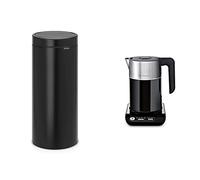 Brabantia 30 L Kitchen Touch Bin New Removable Lid, Soft-Touch Open, Easy Clean Rubbish Waste Bin + Bin Bags & Bosch Styline TWK8633GB Variable Temperature Cordless Kettle, 1.5 Litres, 3000W - Black