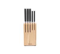 Brabantia 5 Knives Knife Block with Dark Grey Handled Knives & Slotted Beech Wood Countertop Organiser - 6-Piece Set Includes Chef, Bread, Carving, Utility, Pairing Knife Set & Knife Block