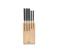 Brabantia 5 Knives Knife Block with Dark Grey Handled Knives & Slotted Beech Wood Countertop Organiser - 6-Piece Set Includes Chef, Bread, Carving,