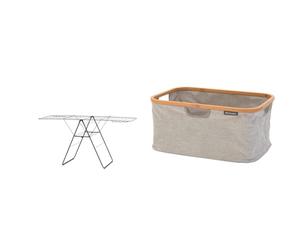 Brabantia HangOn Laundry Drying Rack (25m / Matt Black) Compact, Foldaway, Adjustable Indoor Stainless Steel Clothes Horse & 118180 Laundry Basket with Bamboo Top, Grey, 40 L