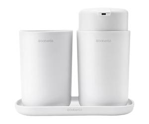 Brabantia ReNew 3 Piece Bathroom Accessory Set, Set of 3, Refillable Handwash Soap Dispenser, Toothbrush Holder & Tray, White