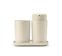Brabantia - ReNew Bathroom Accessory Set - Soap Dispenser, Toothbrush Holder & Tray - Non-Drip Pump Mechanism - Non-Scratching - Corrosion Resistant - Bathroom Set of 3 - Soft Beige