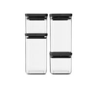 Brabantia Set of 4 Tasty+ Square Stackable Food Canisters/Storage Jars (Dark Grey) Space Saving Transparent Plastic Tubs with Lids, (122422)