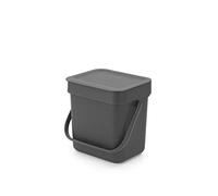 Brabantia Sort & Go Food Waste Bin 3L (Grey), Space-Efficient Plastic Recycle Bin with Handle, Removable and Stay-Open Lid, Easy to Clean Kitchen Compost Caddy without Nooks and Rims