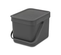 Brabantia Sort & Go Food Waste Bin 6L (Grey), Space-Efficient Plastic Recycle Bin with Handle, Removable and Stay-Open Lid, Easy to Clean Kitchen Compost Caddy without Nooks and Rims