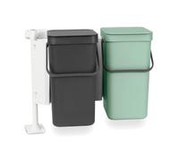 Brabantia - Sort & Go Waste Bin 2x12L - Double Built-In Recycling Bin - Stay Open Lid - Carry Handle - Easy to Clean - Dual Bin for in Kitchen Cupboards - Dark Grey/Jade Green - 52 x 35 x 43 cm