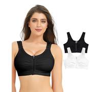 BRABIC Zip Front Closure Everyday Bra for Women Post Surgery Compression Support with Adjustable Straps Wirefree, Black+white 2pk, 3X-Large