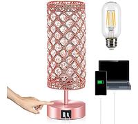 Brabola Rose Gold Desk Lamp, Pink Bedside Touch Table Lamp Women Bedroom Decor Girly Bling Lamps 2 USB Ports Nightstand Night Light with Bulb Included for Home, Office, Living Room