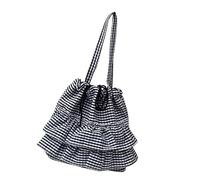 BRABOSTON Creative Plaids Pattern Shoulder Bag With Ruffle Detail Large Capacity Underarm Bags Handbag For Shopping And Travel Ruffle Trim Shoulder Bag