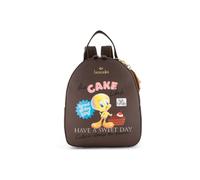 Braccialini Amy Lt Brown Faux Leather Backpack decorated with a lively print dedicated to Tweety struggling with a delicious slice of cake. The design is enriched with writings inspired by the world