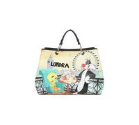 Braccialini Postcards Lt Faux Leather Handbag with double handles and adjustable and removable shoulder strap for versatile portability. The vibrant print depicts a typical London scene with