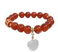 Bracelet， 10mm Natural Chalcedony Lucky Long Life Lock Charm with Enamel Hollow Out Bead Stretch Bracelet Spiritual AmuletLongevity Money Prosperity(Red)