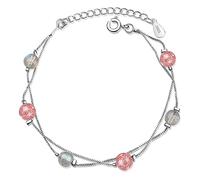 Bracelet Double Chain Linked Layer Natural Moonstone & Pink Crystal Women Charm Bangle Jewelry