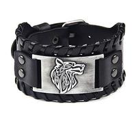 Bracelet for Men,Brown Viking Wide Leather Bracelet with Wolf Head Pattern Vintage Nordic Talisman Adjustable Wristbands Gothic Handmade Braided Cuff Bangle Jewelry Gift Pu Silver