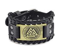Bracelet for Men,Genuine Leather Bracelets for Men Black Viking Totem Odin Pattern Wristbands Wide Handmade Braided Adjustable Cuff Bangle Gothic Rock Accessories Bronze