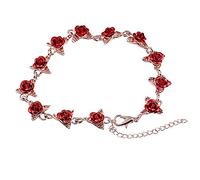 Bracelet Gold Color Chain Link Rose Enamel Rose With Red Jewelry Bracelets 70s Necklaces for Women (Rose Gold, One Size)