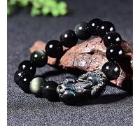 Bracelet Natural Feng Shui Crystal Bracelet Lucky Pixiu with One Ancient Coin Charm Black Beaded Bracelet Rainbow Eye Obsidian Amulet Attract Money Wealth Prosperity Luck,16mm (Size : 12mm)