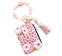 Bracelet Wallet Keychain - Flower Purse, Floral ID Wallet | Folded Edge Pretty Faux Leather Small Credit Card Silicone Strap Wallets for Bag, Light Pink, Se référer au descriptif, Refer to description