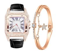 Bracelet Watch Quartz Ladies Diamond Star Dial Set and Strap Women's Watch 13mm Watch Band (Black, One Size)