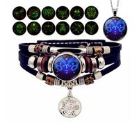 Bracelet Zodiac Manifestation, Adjustable Zodiac Signs Spirit Bracelet & Necklace Pendant, 12 Constellation Bracelets Glow in the Dark for Men Women Girls Jewelry Gifts Set(3-Aries)