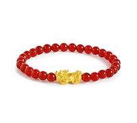 Bracelets 24K Yellow Gold Bracelet Woman 3D Luck Bless Charm with Red Agate Beads Bracelet Adjustable 17cm Jewelry gift (Color : Red)