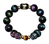 Bracelets,Beaded Bracelets Feng Shui Obsidian Bracelet Double Pixiu Bracelet Prosperity Rainbow Obsidian Tiger Eye Stone Talisman Money Bag Piyao Stretch Bangle Six Word Mantra Carved Money Luck