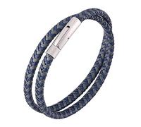 Bracelets For Men Two-Turn Wrap Design Braided Leather Bracelet Silver Stainless Steel Buckle Blue Grey Leather Bracelet Charm Jewellery For Women Men Gift,185Mm