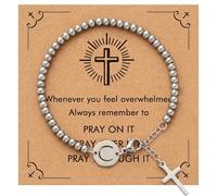 Bracelets for Women, Silver Beaded Initials with Cross Charm Bracelet, Christian Gifts for Women，Easter Baptism Confirmation Christmas Thanksgiving Inspirational Gifts for Mom Daughter Friend Sister