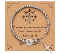 Bracelets for Women, Silver Beaded Initials with Cross Charm Bracelet, Christian Gifts for Women,Easter Baptism Confirmation Christmas Thanksgiving Inspirational Gifts for Mom Daughter Friend Sister