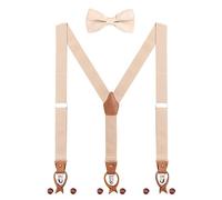 Braces Bow Tie Set for Men Women 2 WAY 2 WEAR Button End 6 Buttonhole 3 Clips Y-Back Leather Lengthened Suspenders Fits Height 160-200cm - Beige
