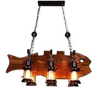Bracket Light Fish Wood Shape Pendants Lamp Pendant Six Lights Decorative Lighting Fixture Retro Rustic Antique Ceiling Lamp E27 with Glass Lantern Stainless Steel Bracket Light
