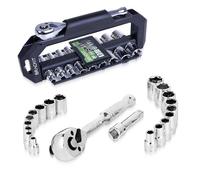 brackit 20-Piece Heavy Duty Socket Set, 3/8 Drive Socket Set with Reversible Ratchet, Quick-Release Button, Extension Bar & 360° Rotating Head, Professional Socket Wrench Set for Automotive & DIY