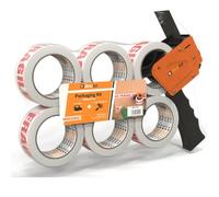 Fragile Tape with Dispenser, 48mm x 66m, Pack of 6 Rolls - Strong Packing Tape for Regular Use or Moving - Easily Seals your Parcels and Boxes