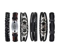 BRACO - Heavy Metal Bracelet » Rock Bracelet » Punk Bracelet - Pack 6 Braided Leather Bracelets with Skull - Retro Black and Brown Bracelet for Men and Women, 18 - 34 cm, Leather
