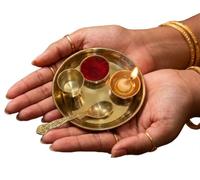 BRACOP Bhog Thali Set Hindu Pooja Plate for Home, Temple, Ofice Décor Metal Platter Aarti Thali, Diya, Spoon and Kumkum Bowl Indian Religious Pooja Set for Daily Prayers
