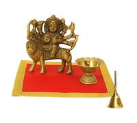 BRACOP Brass Durga Statue on Lion Idol With Diya - Indian Goddess Decorative Statue For Pooja, Home Décor Hand-Carved Metal Ghee Diya Butter Lamp For Navratri Pooja Thali Decor And Gifting