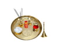 BRACOP® Brass Pooja Thali Round Platter Puja Plate Round Storage Tray Hindu Om Aarti Tika Thali Ladoo Gopal Bhog Thali Temple Home Temple Decorative Ornaments Pooja Item Religious Wedding Gifts