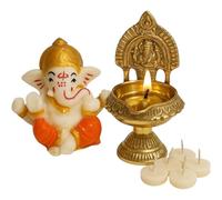 BRACOP® Ganesha Statue with Oil Lamp Hindu Godes Idol For Car Deshboard Handmade Sculpture Home Office Temple Decoration Resin Indian Elephant Figurine God Religious Ganesh Chaturthi