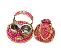 BRACOP® Karwachauth Pooja Thali Set of 5 Pcs Decorative Platter with Designer Pouch Handcrafted Round Shape Pooja Thali Set