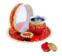 BRACOP® Karwachauth Thali Set Of 5 Pcs Hindu Rituals Traditional Pooja Samagri Handcrafted Decorative Pooja Thali Set With Oil Lamp, Karva Pot, Channi, Kumkum Box Indian Gift For Women