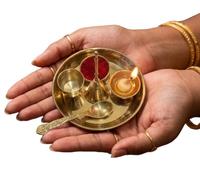 BRACOP Metal Bhog Thali Set Indian Pooja Plate for Home, Temple, Mandir Décor Round Platter Plain Thali, Diya, Spoon, Bell, and Kumkum Bowl Hindu Pooja Set for Daily Prayers