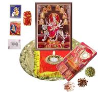 BRACOP® Navratri Thali Set Handcrafted Aarti Plate Religious Item Mandir Decor Indian Pooja Samagri Brass Pooja Thali with Shingar Set Handmade Mata Churni Poojan Item Navratri Gift